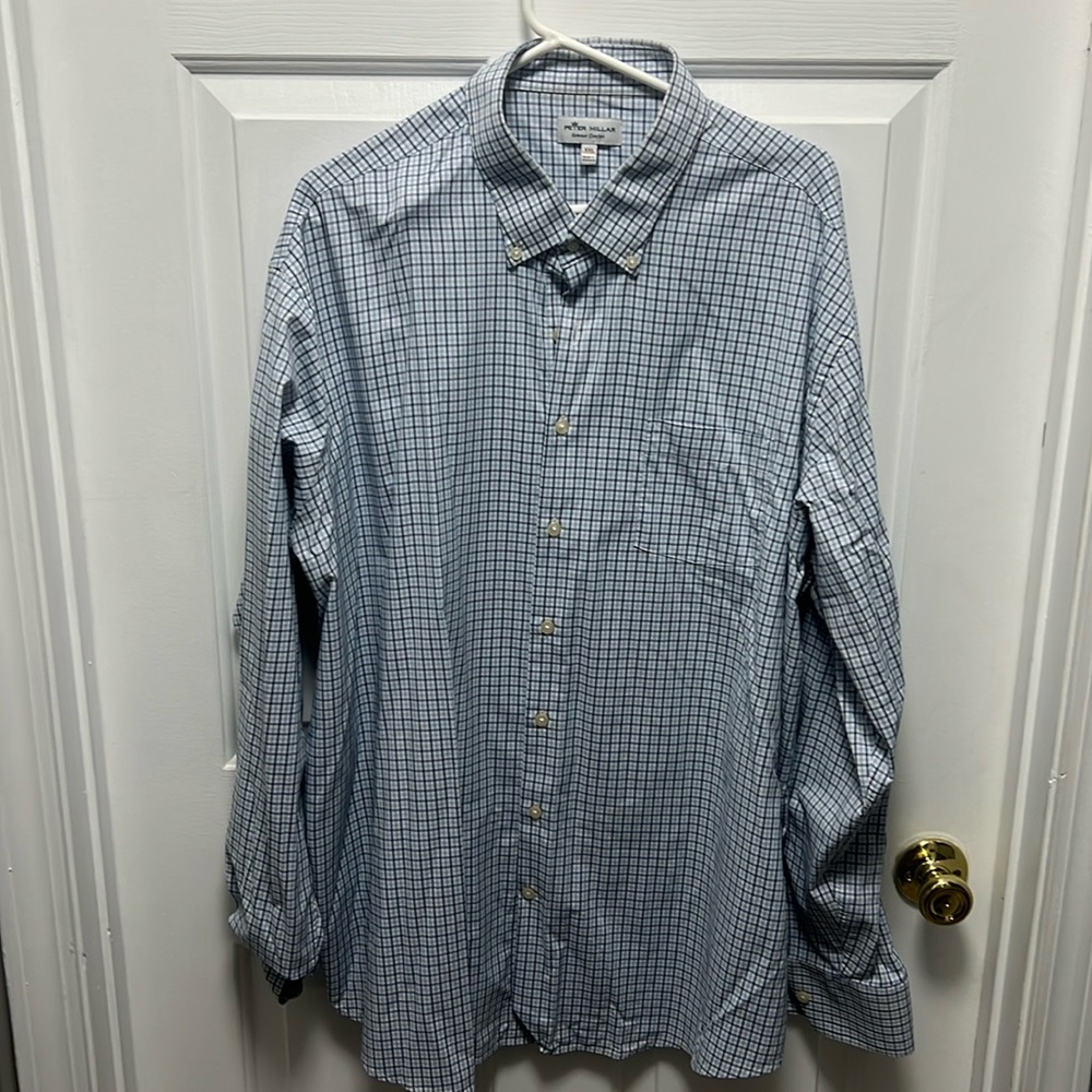 Men’s Peter Millar button-down long-sleeve shirt blue and white check